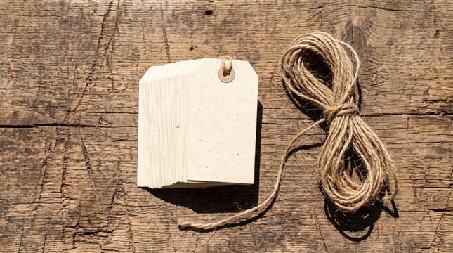 Blank Paper Gift Tags and Natural Jute Twine on Rustic Wooden Surface for Crafting and Packaging