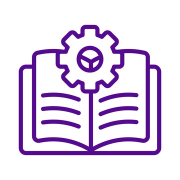 Purple outline icon showing an open book with a mechanical gear symbol transparent background