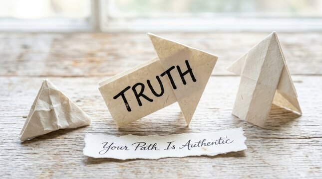 Origami arrow pointing towards truth with a handwritten note resting on rustic wooden desk surface