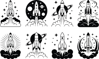Rocket launch vector logo set featuring spaceship emblems with stars planets and smoke clouds isolated on a white background © Sreepobitra