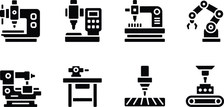 Industrial machinery and factory automation icon set featuring CNC milling machine robotic arm lathe conveyor belt and laser cutting equipment