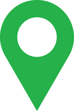 Green map pin locator icon with circular inner hole for location marking or navigation on a transparent background for travel and app design.
