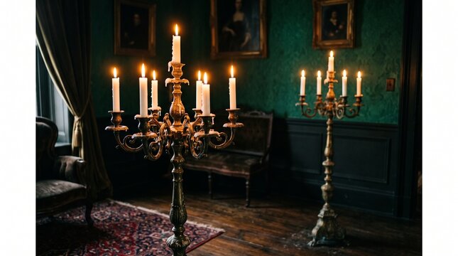 Ornate Floor Candelabras with Burning Candles in a Moody Vintage Room with Green Walls