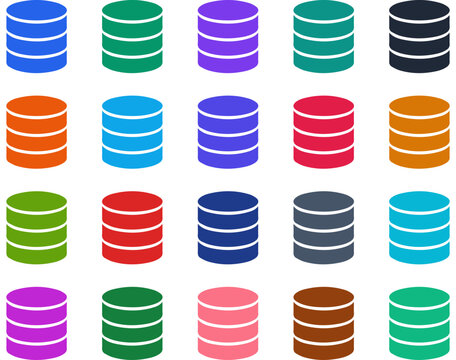 Comprehensive set of colorful database cylinder icons for cloud computing infrastructure visualization, server network diagrams, and data storage management dashboard UI design.