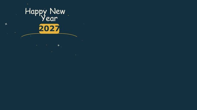 Elegant Happy New Year 2027 greeting animation. Handwritten Pacifico script title reveals word by word, a golden curved timeline draws on, and a 2027 badge pops in with confetti and sparkles on a deep