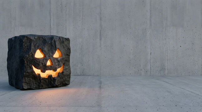 Halloween black stone cube jack o lantern with glowing carved face on concrete background with copy space