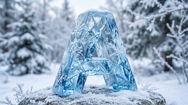 Letter A of Ice in Winter Forest: A sculpted letter 'A' made of clear ice stands frozen in a snow-covered forest, surrounded by frosty trees, creating a stark and beautiful winter scene.