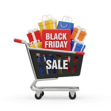 3D Rendered Shopping Cart Full of Gifts with Black Friday Sale Sign