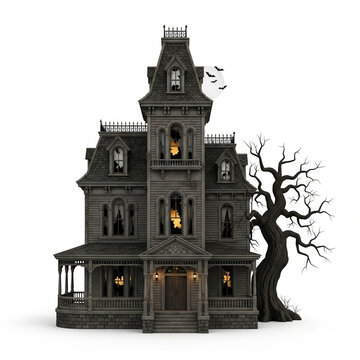Spooky Detailed Old Haunted House with Bats and Moon Illustration