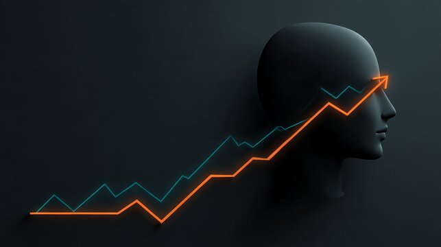 dark minimalist human head silhouette with neon upward trending line graph abstract stonks meme overlay for business finance crypto