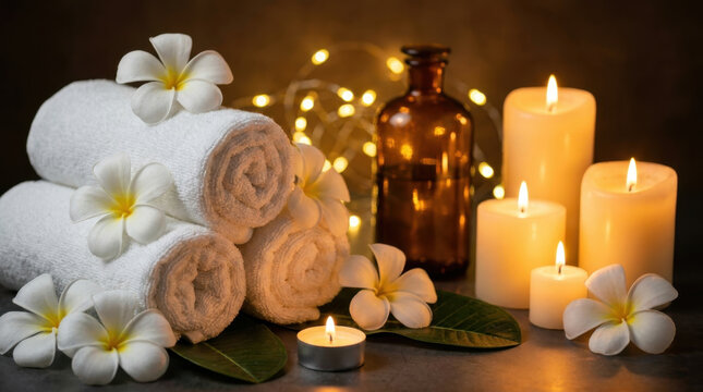 Golden essential oil bottle with a dropper, lit candle, and white towel