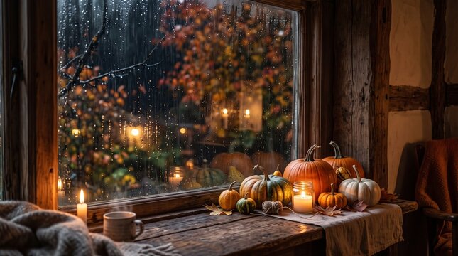 Cozy rainy autumn window sill scene featuring orange and green pumpkins, burning candles in jar, steaming cup of coffee, and rain drops on glass looking out at fall foliage.