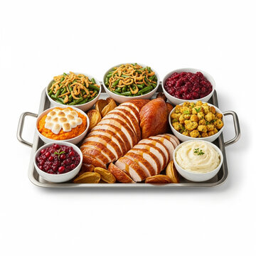 Delicious Thanksgiving Dinner Feast Tray with Roasted Turkey and Accompaniments