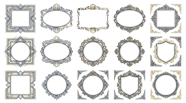 Ornate Decorative Frames and Corner Elements Set, Isolated