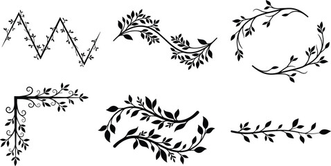 Obraz premium Black Botanical Branch Silhouette Collection with Curved Leafy Vines and Elegant Decorative Flourishes