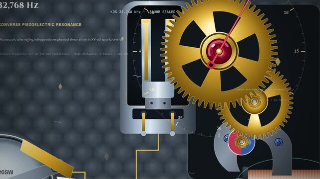 Microscopic 3D animation of a quartz watch movement mechanism showing piezoelectric resonance frequency divider stepping motor and mechanical gear reduction turning electrical pulses into time