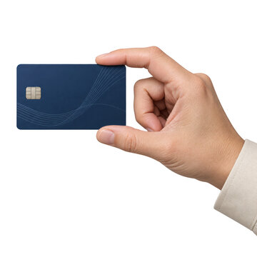 hand holds a sleek navy blue credit card with a silver chip and minimalist curved line design.