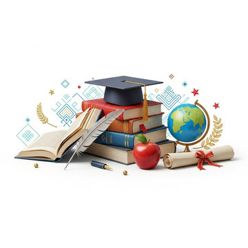 Academic Still Life of Graduation Cap and Books, Educational Tools