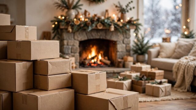 A cozy living room with holiday decorations, showcasing tips for packing your home for the holidays