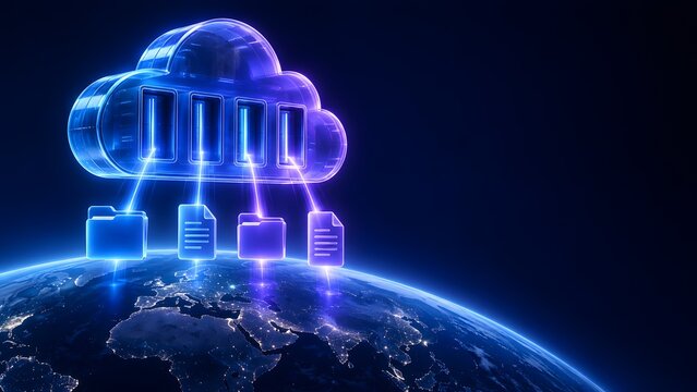 Futuristic cloud computing concept with glowing digital cloud icon syncing files and folders with planet earth from space.