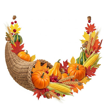 Festive Still Life Cornucopia Filled with Autumn Produce and Leaves Arrangement