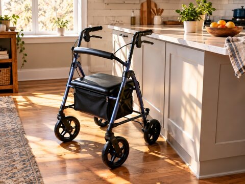 Rollator with padded seat parked by kitchen counter in sunlit home during afternoon