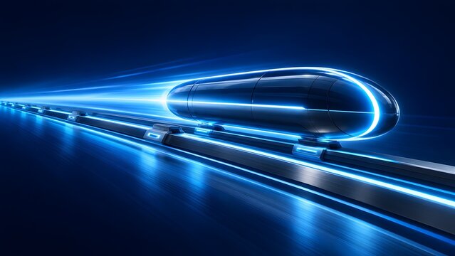 Futuristic high speed hyperloop pod moving quickly on glowing blue track illustrating advanced transportation and fast data transfer