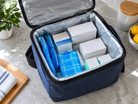 Insulated medication cooler bag unzipped on a counter with cold packs and unlabelled boxes inside under bright kitchen daylight