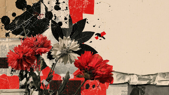 Red Flower Grunge Collage with Torn Paper, Black Leaves and Large Copy Space