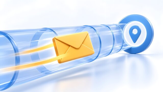 3D yellow envelope speeding through transparent data pipeline towards location pin target representing fast email communication and targeted digital marketing