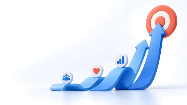 3D upward growing arrows hitting bullseye target with user engagement and analytics icons illustrating successful digital marketing strategy and business growth