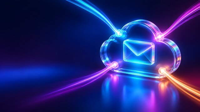 3D glowing glass cloud computing icon containing an envelope connected by neon fiber optic cables for secure digital webmail concepts