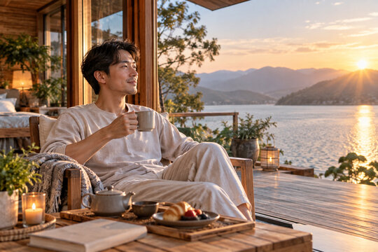 AI generated East Asian man enjoying peaceful slow breakfast at warm lakeside cabin while relaxing restoring balance after demanding workday