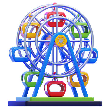 Vibrant 3D Colorful Ferris Wheel Illustration for Amusement Park and Carnival Themes Featuring Multicolored Gondolas on a Clean White Background