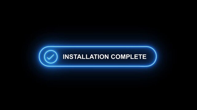 Glowing blue neon installation button bar with checkmark icon for software update interface on black background.