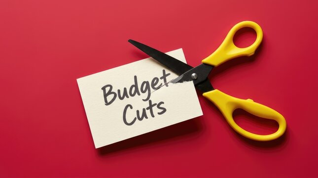 Bright yellow scissors cutting a white paper card labeled budget cuts on vibrant red background