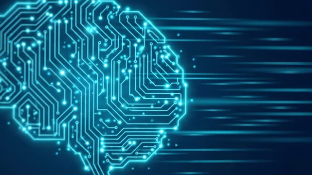 Digital technology concept displaying glowing human brain graphic with circuit board pattern and light beams moving across dark background symbolizing artificial intelligence processing data.