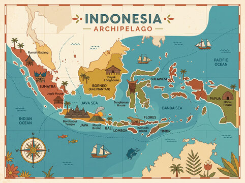 Illustrated Travel Map Graphic Displaying Famous Landmarks of Indonesia with Compass Rose and Sailing Ships in Ocean Blue, Terracotta, and Off White for Educational Materials
