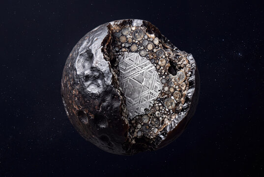 Ruptured meteorite marble showing metal core and crystal pattern photograph