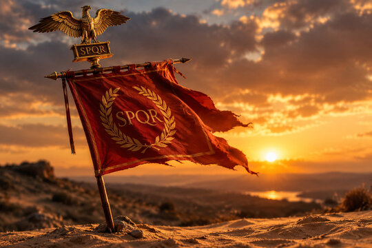A red Roman legionary standard with a golden eagle planted in sandy soil.