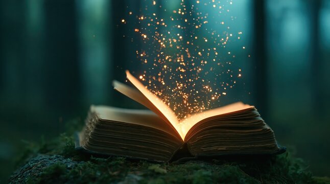 Book of magic with glowing particles in a mystical forest showing fantasy wisdom and an enchanted story for reading