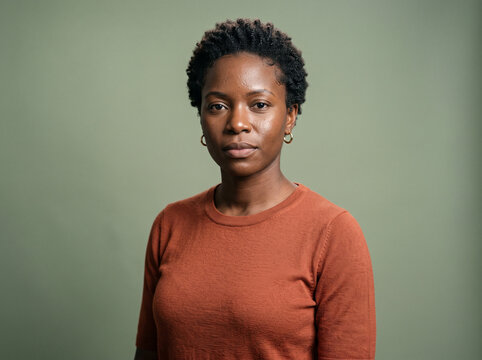 Studio portrait of a Black woman in her 30s with natural coils