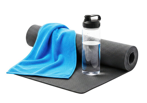 Black yoga mat with blue towel draped over it and clear water bottle for fitness and exercise sessions.