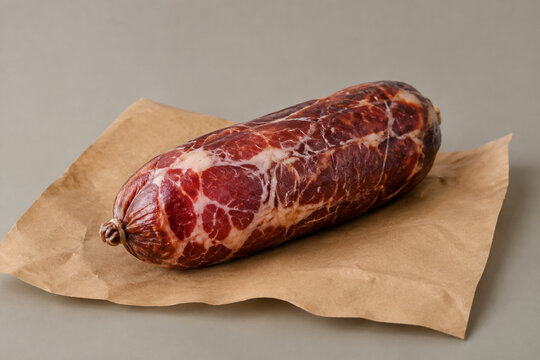 Whole red capicola sausage on brown butcher paper, rustic food presentation concept