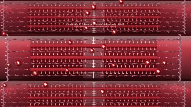3D medical animation demonstrating lactic acid neutralization in muscle cells, featuring bicarbonate influx, ultrafast buffering cascade, and myofibrillar regeneration after sarcomeric exhaustion