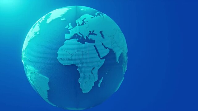 Abstract Voxel Earth Globe Rotating Against Blue Background