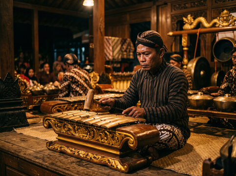 Documentary Photography of Javanese Gamelan Musicians Playing Kendang Drum and Bronze Instruments in Earthy Brown and Golden Bronze for Cultural Tourism Banners
