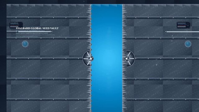 Svalbard Global Seed Vault animation, doomsday vault blast doors opening to infinite seed repository, global genetic redundancy and agricultural biodiversity safeguard against apocalypse