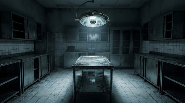 Abandoned operating room with metal table, under single overhead surgical lamp, standing empty, inside dark grimy medical facility, horror stock photo