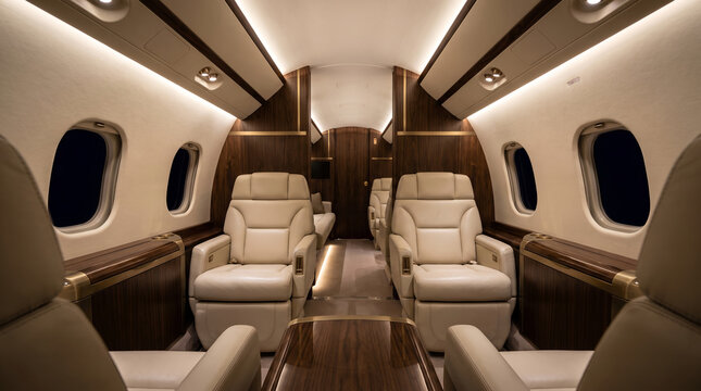 Luxury private jet cabin with beige leather seats, featuring polished wood paneling, arranged along central aisle, inside executive airplane interior, business stock photo